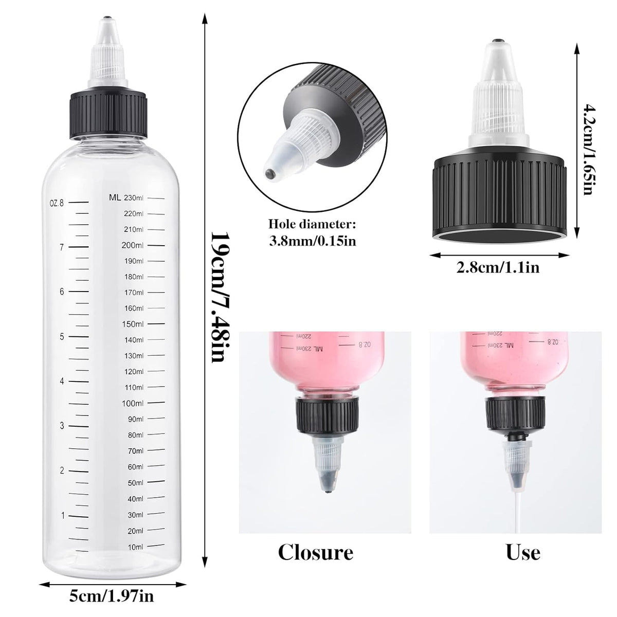 2Pcs 8.5Oz Hair Oil Applicator Bottles For Scalp, Plastic Squeeze | Root Hair Dye Bottle Twist-On Top Tip Cap with Graduated Scale, Clear Soft Squeeze Bottle For Hair Oil, Dye Dispenser