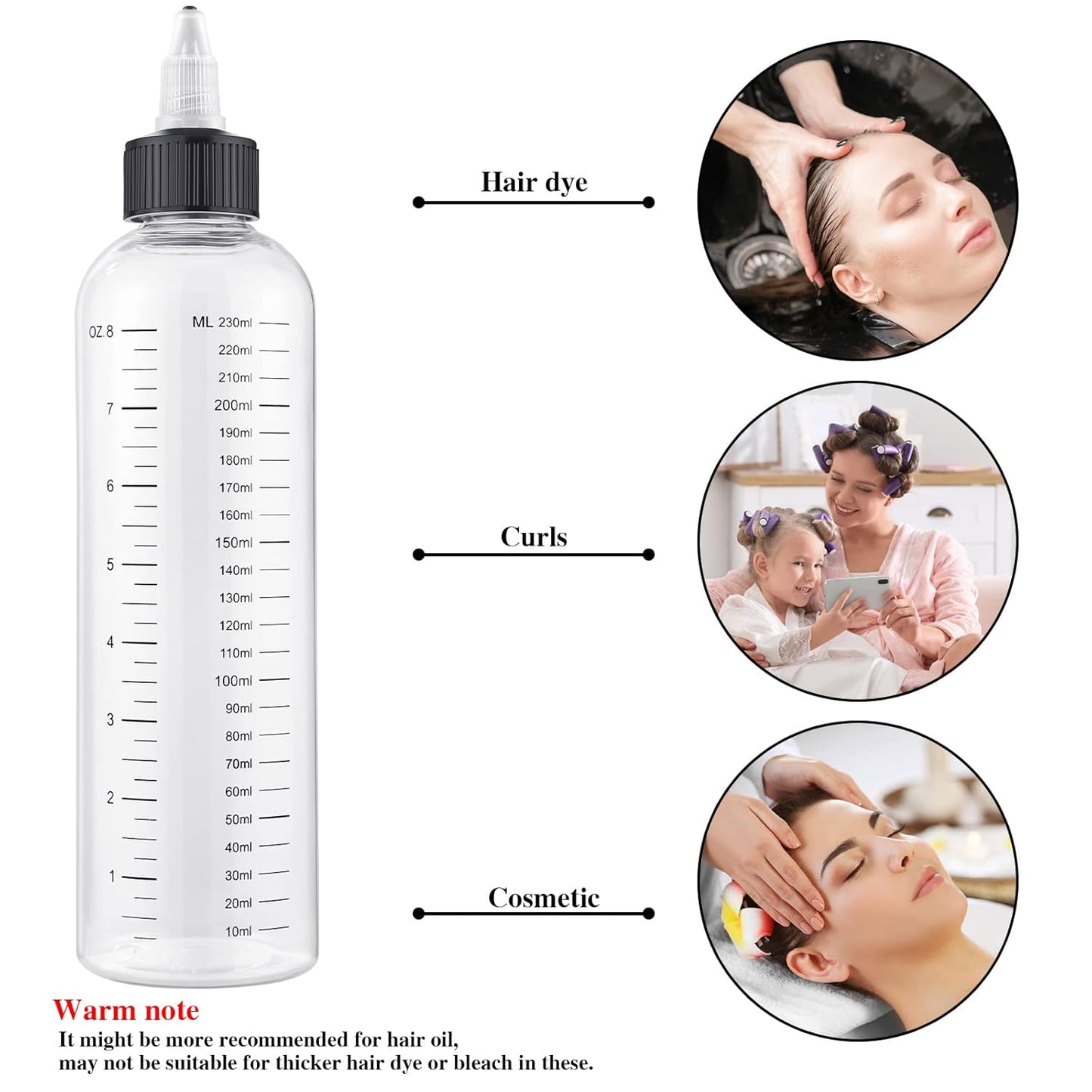 2Pcs 8.5Oz Hair Oil Applicator Bottles For Scalp, Plastic Squeeze | Root Hair Dye Bottle Twist-On Top Tip Cap with Graduated Scale, Clear Soft Squeeze Bottle For Hair Oil, Dye Dispenser