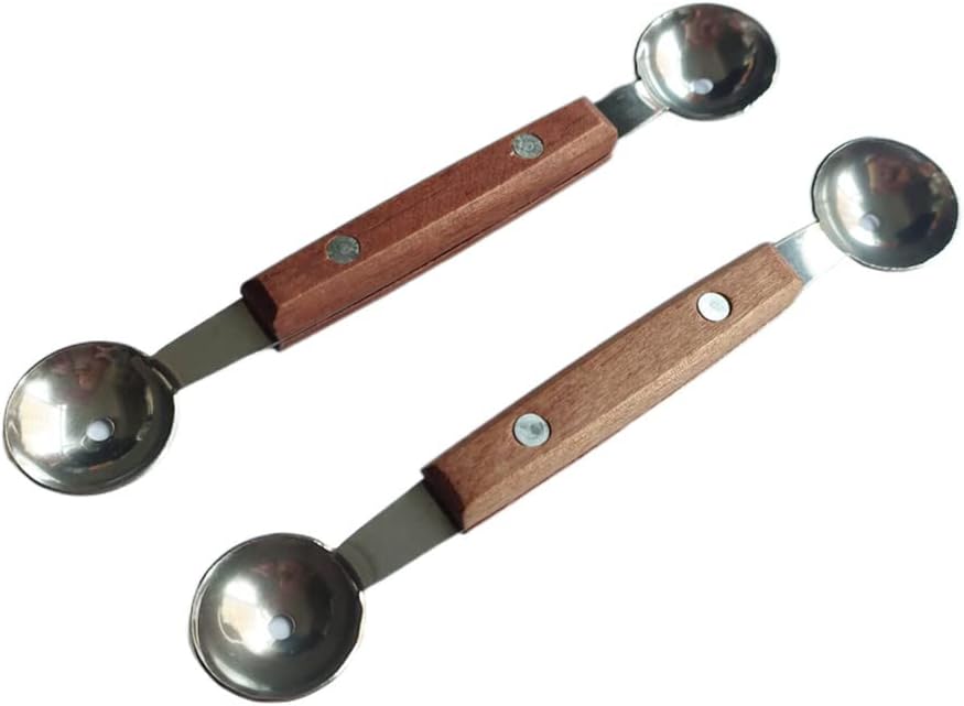 Double-Sided Fruit Melon Baller Spoon with wood handle, 2 in 1 Stainless Steel Scoop Cutter 16cm (2 Pack)