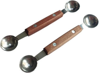 Double-Sided Fruit Melon Baller Spoon with wood handle, 2 in 1 Stainless Steel Scoop Cutter 16cm (2 Pack)