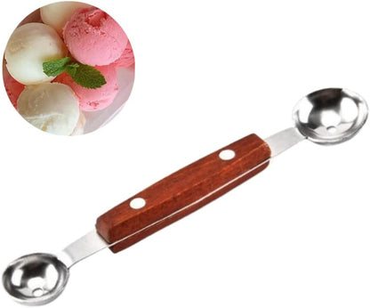 Double-Sided Fruit Melon Baller Spoon with wood handle, 2 in 1 Stainless Steel Scoop Cutter 16cm (2 Pack)