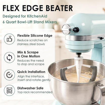 Flex Edge Beater for KitchenAid 6 Quart Bowl-Lift Stand Mixers | 6QT Paddle Attachment with Silicone Scraper, Beater Replacement for Kitchenaid Mixer Accessories, Dishwasher Safe