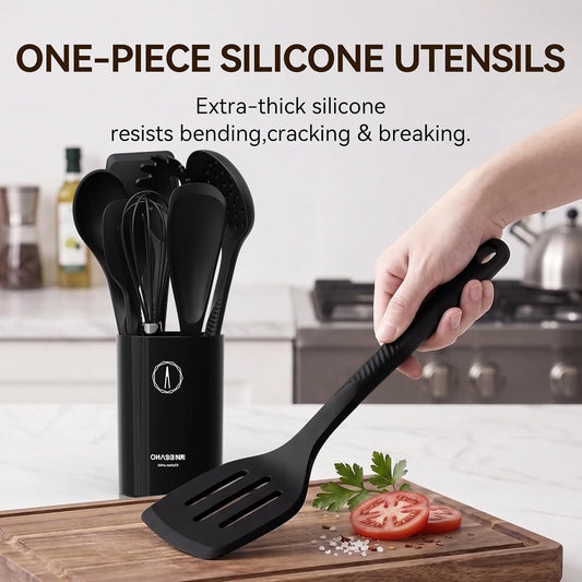Silicone Cooking Utensils Set - 600°F Heat Resistant, Nonstick Kitchen Utensil Set with Spatulas, Spoons, Whisk, Tongs, BPA Free, Dishwasher Safe, Black