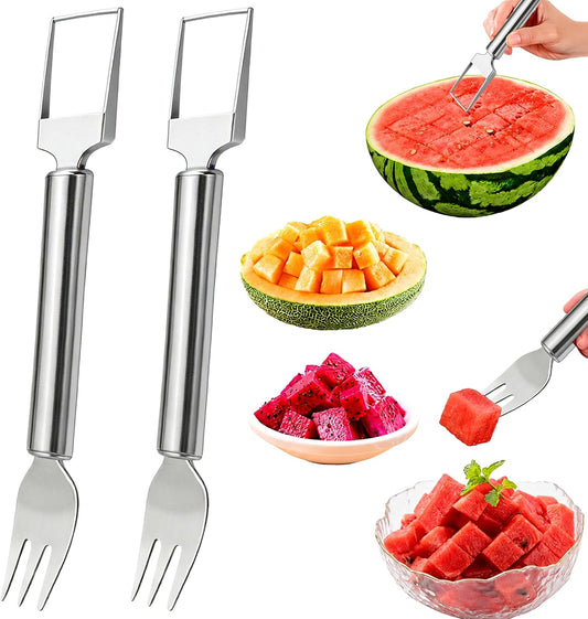 Watermelon Cutter, 2-in-1 Stainless Steel Fruit Cutter, Dual Head Watermelon Fork Slicer Tool, Summer Fruit Cutting Kitchen Gadget for Home (Round-2PCS)