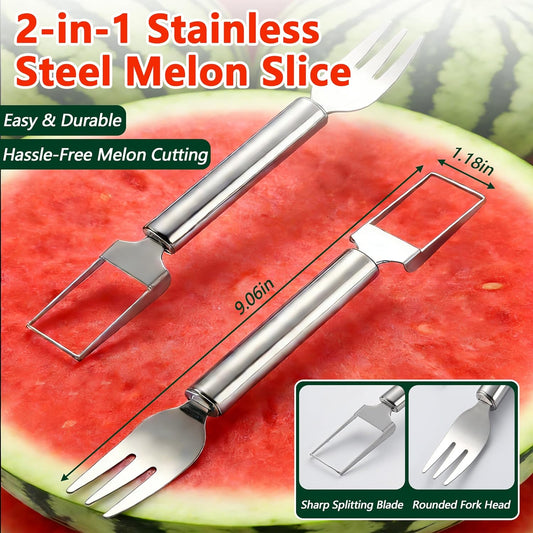 Watermelon Cutter, 2-in-1 Stainless Steel Fruit Cutter, Dual Head Watermelon Fork Slicer Tool, Summer Fruit Cutting Kitchen Gadget for Home (Round-2PCS)