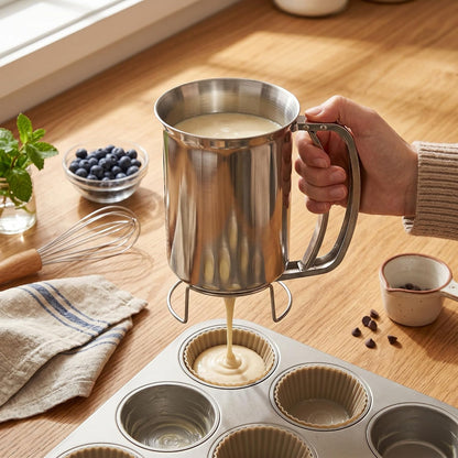 Stainless Steel Pancake Batter Dispenser 1000ml Squeeze Bottle with Funnel for Pancakes Cupcakes Muffins Crepes Waffles Easy Pour Baking Tool Measurement Marks