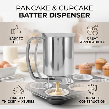 Stainless Steel Pancake Batter Dispenser 1000ml Squeeze Bottle with Funnel for Pancakes Cupcakes Muffins Crepes Waffles Easy Pour Baking Tool Measurement Marks