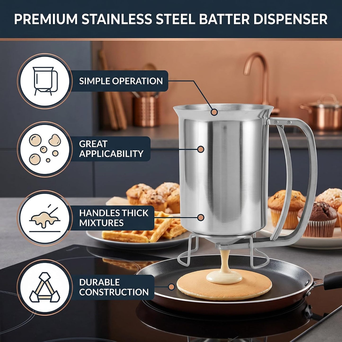 Stainless Steel Pancake Batter Dispenser 1000ml Squeeze Bottle with Funnel for Pancakes Cupcakes Muffins Crepes Waffles Easy Pour Baking Tool Measurement Marks