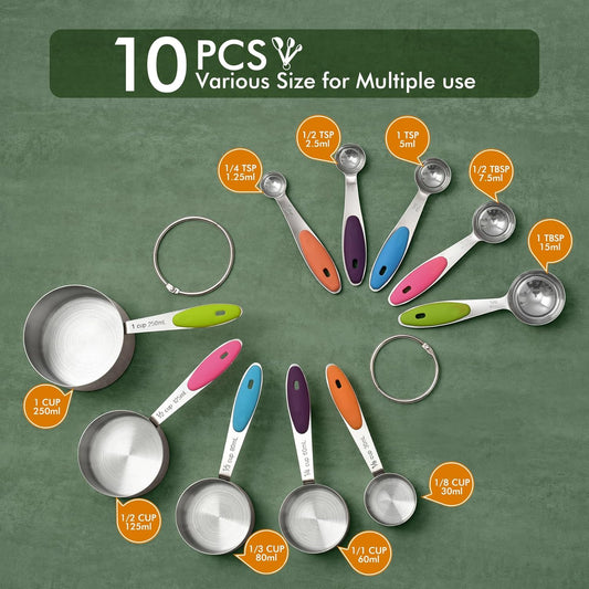 10-Pack Measuring Cups &Spoons Set, Kitchen Gadagets Cooking Baking, Measuring Spoons, Heavy Duty & Dishwasher Safe for Dry and Liquid Ingredients, Multicolor