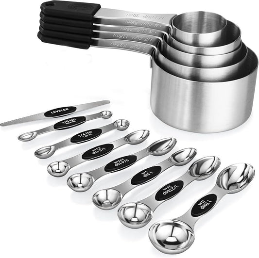 13-Piece All-Magnetic Measuring Cups and Spoons Set, 430 Stainless Steel Metal Measuring Cup and Spoon Set with Silicone Handles & Leveler for Baking Cooking (Black)