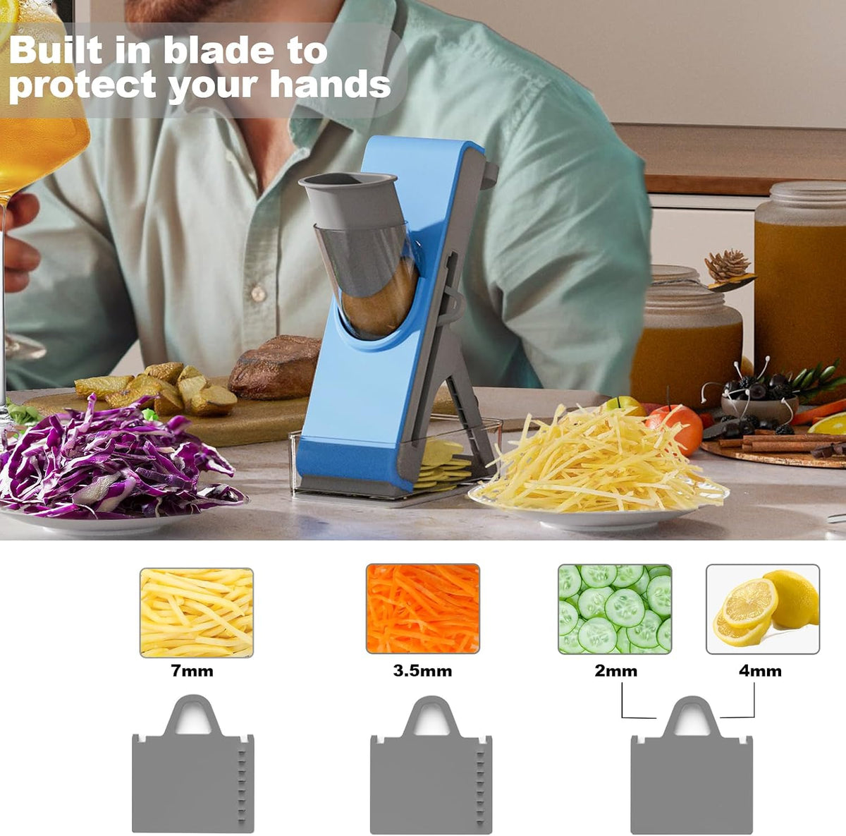 Mandoline Slicer for Kitchen - Vegetable Food Chopper, Cucumber Slicer, Detachable Easy to Clean Kitchen Chopping Artifact (White Blue)