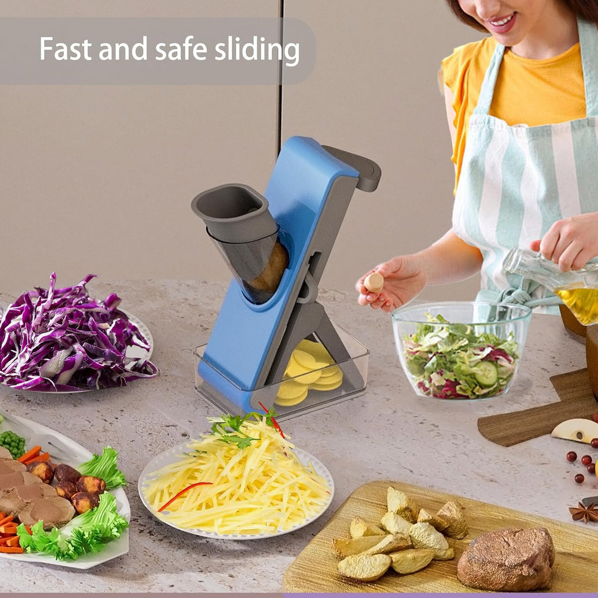 Mandoline Slicer for Kitchen - Vegetable Food Chopper, Cucumber Slicer, Detachable Easy to Clean Kitchen Chopping Artifact (White Blue)