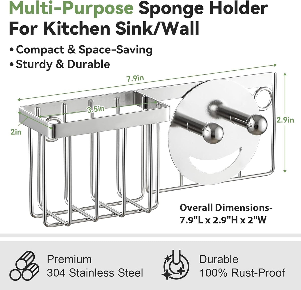 [Space Saving] Sponge Holder for Kitchen Sink, Great for Scrub Daddy / Scrub Mommy Sponges, Rust-proof Sink Sponge Caddy Organizer for Dish Brush, Scrubber - 2 Mounting Options (Suction Cups & Hooks)