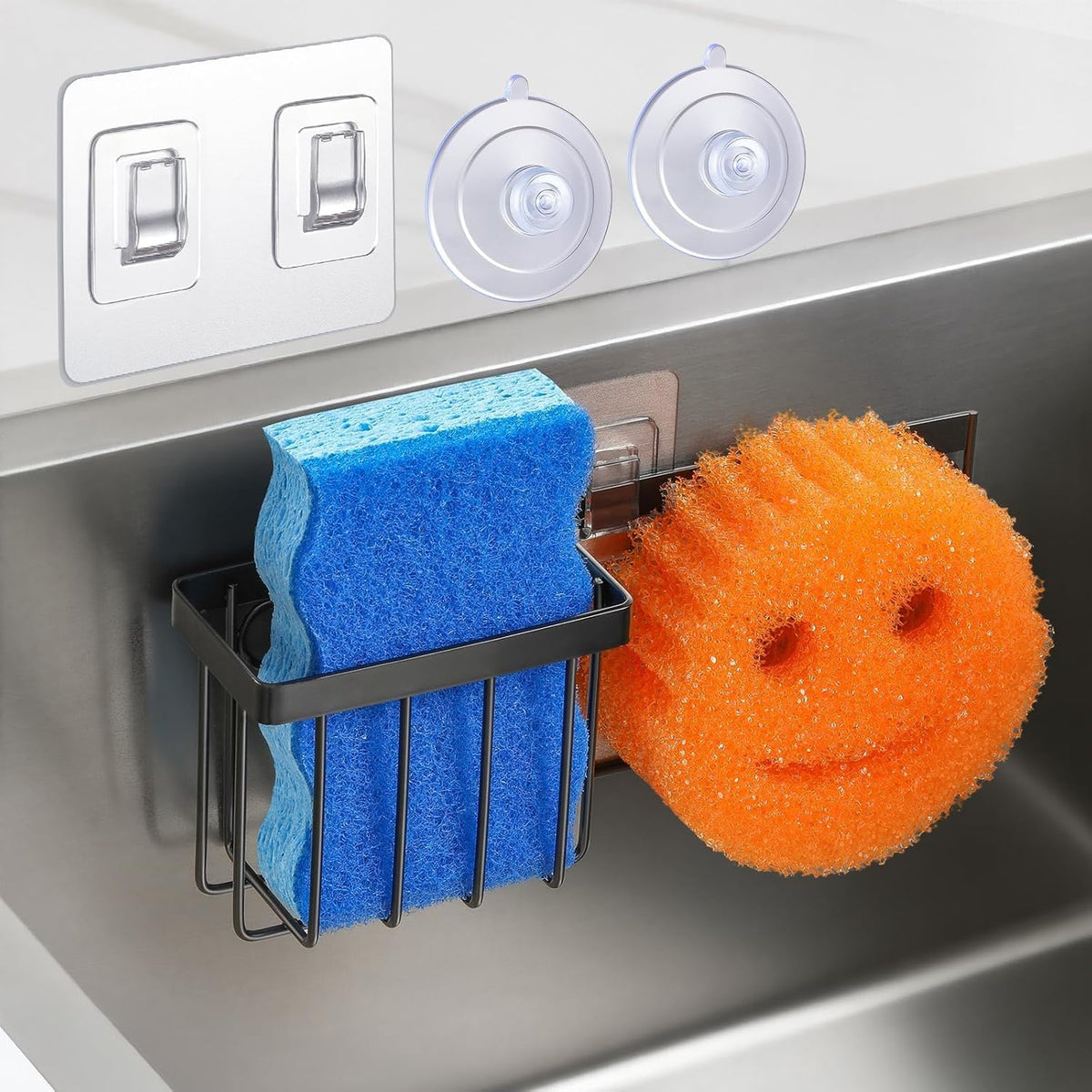 [Space Saving] Sponge Holder for Kitchen Sink, Great for Scrub Daddy / Scrub Mommy Sponges, Rust-proof Sink Sponge Caddy Organizer for Dish Brush, Scrubber - 2 Mounting Options (Suction Cups & Hooks)