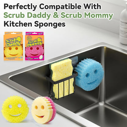 [Space Saving] Sponge Holder for Kitchen Sink, Great for Scrub Daddy / Scrub Mommy Sponges, Rust-proof Sink Sponge Caddy Organizer for Dish Brush, Scrubber - 2 Mounting Options (Suction Cups & Hooks)