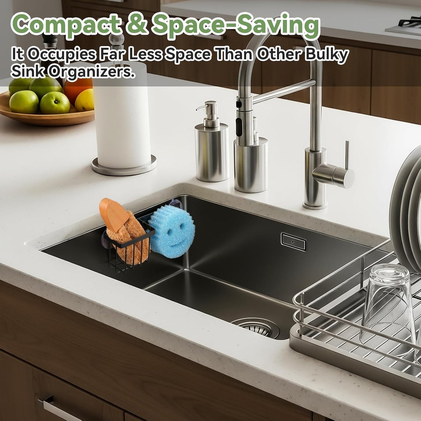 [Space Saving] Sponge Holder for Kitchen Sink, Great for Scrub Daddy / Scrub Mommy Sponges, Rust-proof Sink Sponge Caddy Organizer for Dish Brush, Scrubber - 2 Mounting Options (Suction Cups & Hooks)