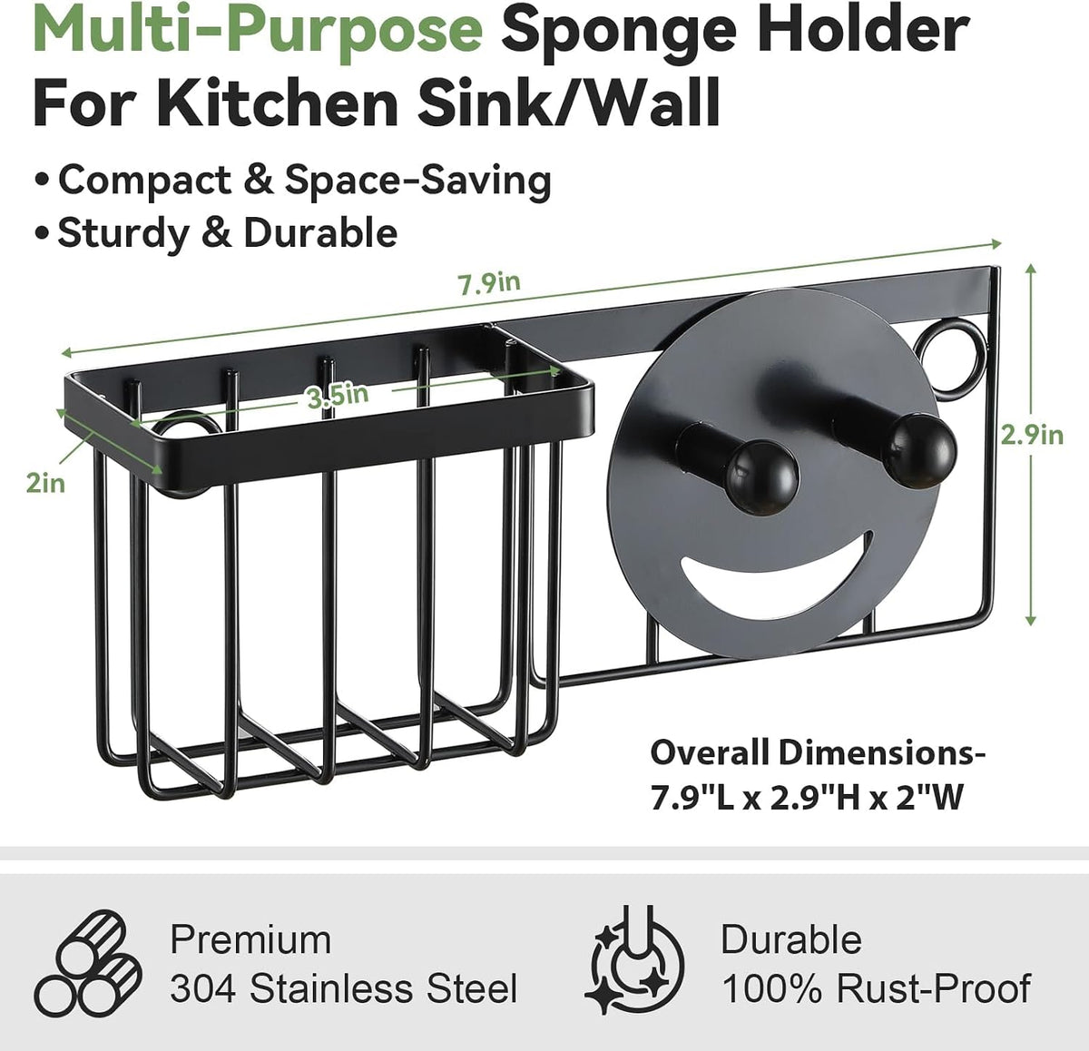 [Space Saving] Sponge Holder for Kitchen Sink, Great for Scrub Daddy / Scrub Mommy Sponges, Rust-proof Sink Sponge Caddy Organizer for Dish Brush, Scrubber - 2 Mounting Options (Suction Cups & Hooks)