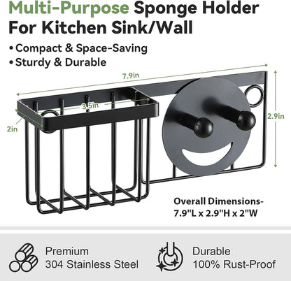 [Space Saving] Sponge Holder for Kitchen Sink, Great for Scrub Daddy / Scrub Mommy Sponges, Rust-proof Sink Sponge Caddy Organizer for Dish Brush, Scrubber - 2 Mounting Options (Suction Cups & Hooks)