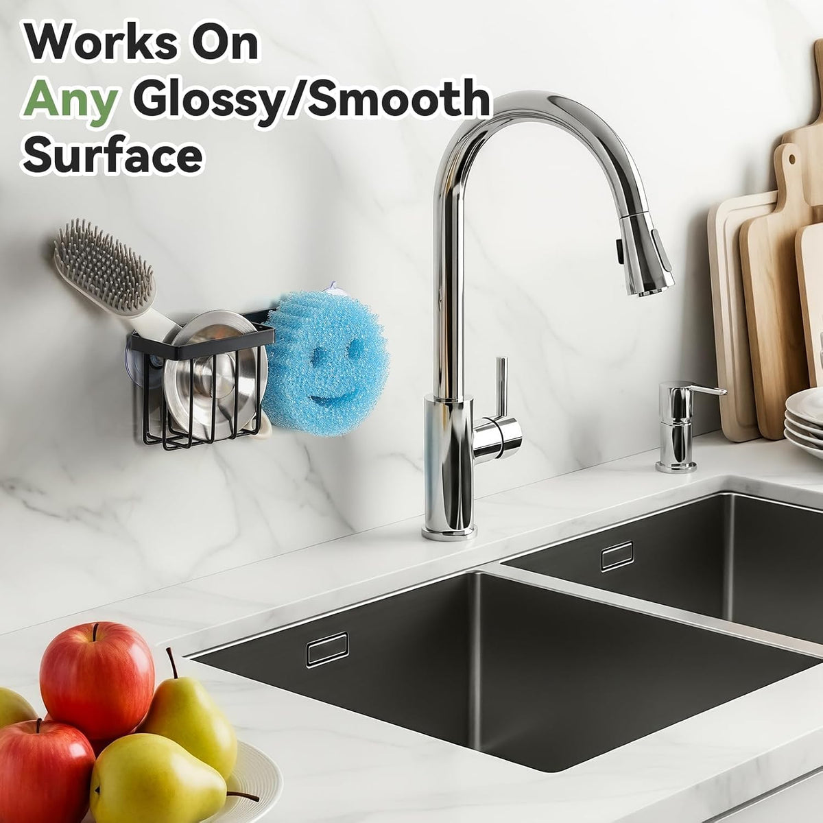 [Space Saving] Sponge Holder for Kitchen Sink, Great for Scrub Daddy / Scrub Mommy Sponges, Rust-proof Sink Sponge Caddy Organizer for Dish Brush, Scrubber - 2 Mounting Options (Suction Cups & Hooks)