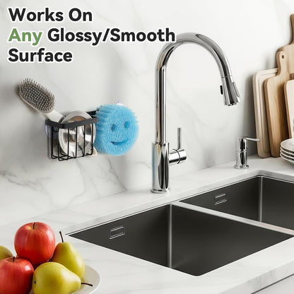 [Space Saving] Sponge Holder for Kitchen Sink, Great for Scrub Daddy / Scrub Mommy Sponges, Rust-proof Sink Sponge Caddy Organizer for Dish Brush, Scrubber - 2 Mounting Options (Suction Cups & Hooks)