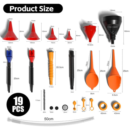 19 Pcs Automotive Funnel Set, Spout Replacements, Plastic Wide Mouth Transmission Funnels, Flexible Oil Funnel Kit for Automotive Use