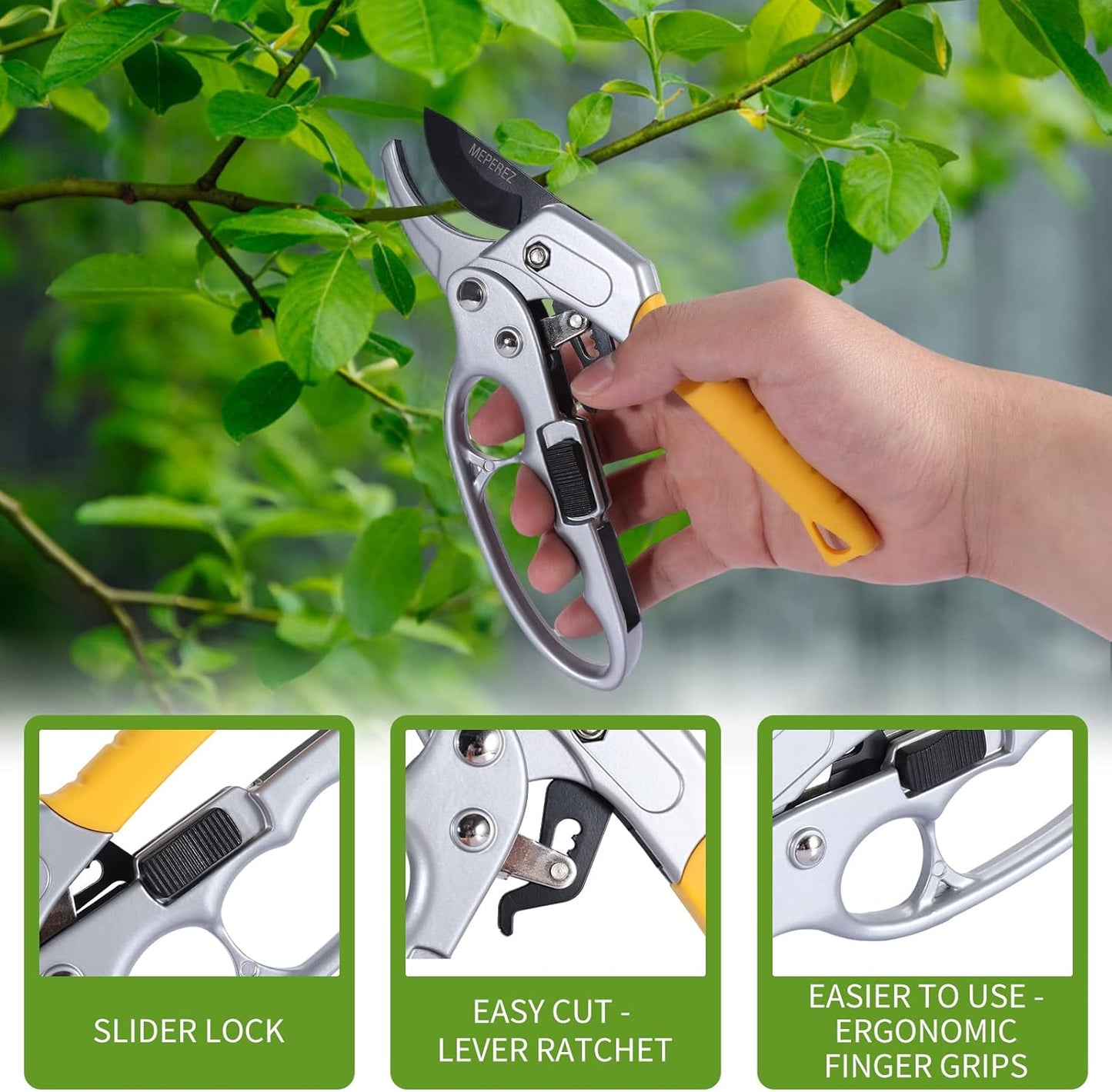 Premium Germany - Steel Pruning Shears, Work 3 Times Easier, Pruners Heady Duty, Sharp Garden Clippers Cuting Florist Flower, Hedge, Herb, Rose, Indoor Live Plants, Arthritis Weak Hand Snips