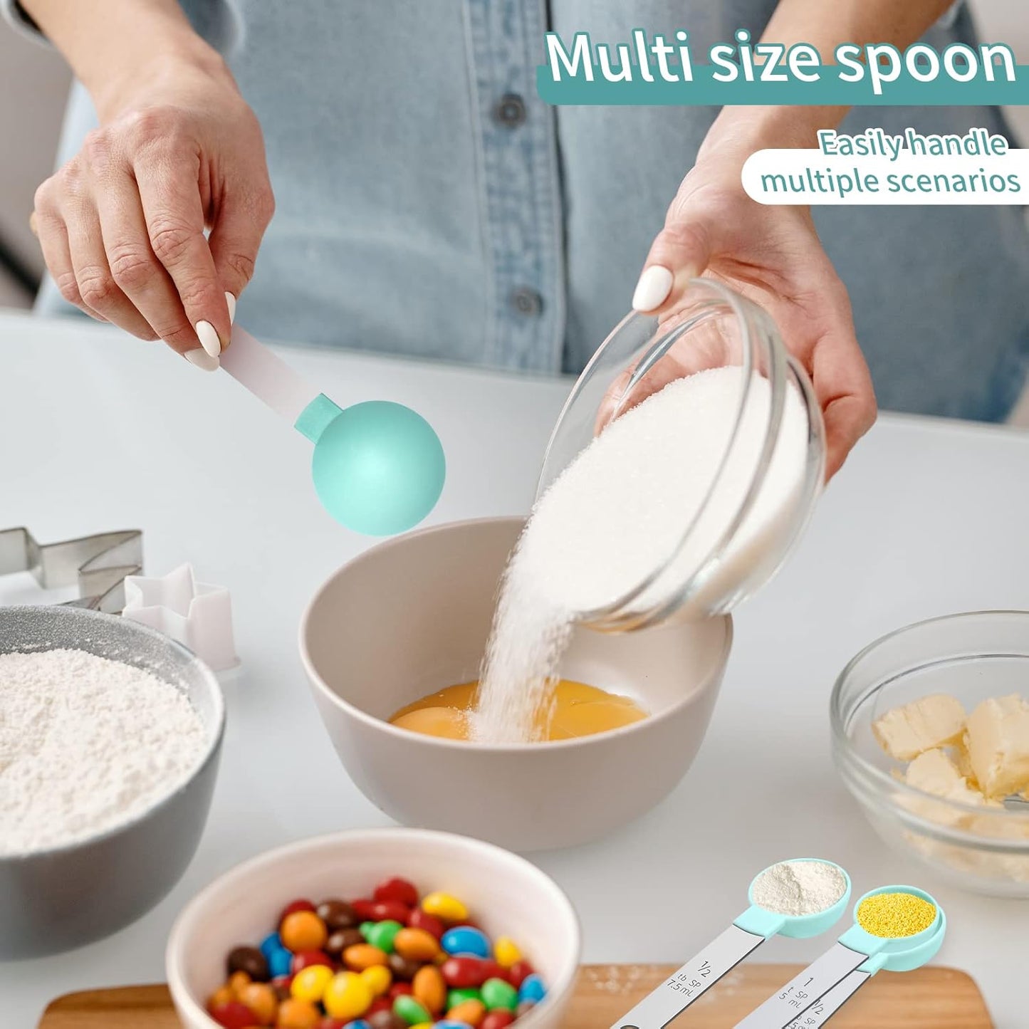 Measuring Cups Set Measuring Spoons Set, Nesting Measure Cups with Stainless Steel Handle, For Measuring Dry and Liquid Ingredients Small Teaspoon with Plastic Head (Mint Green)