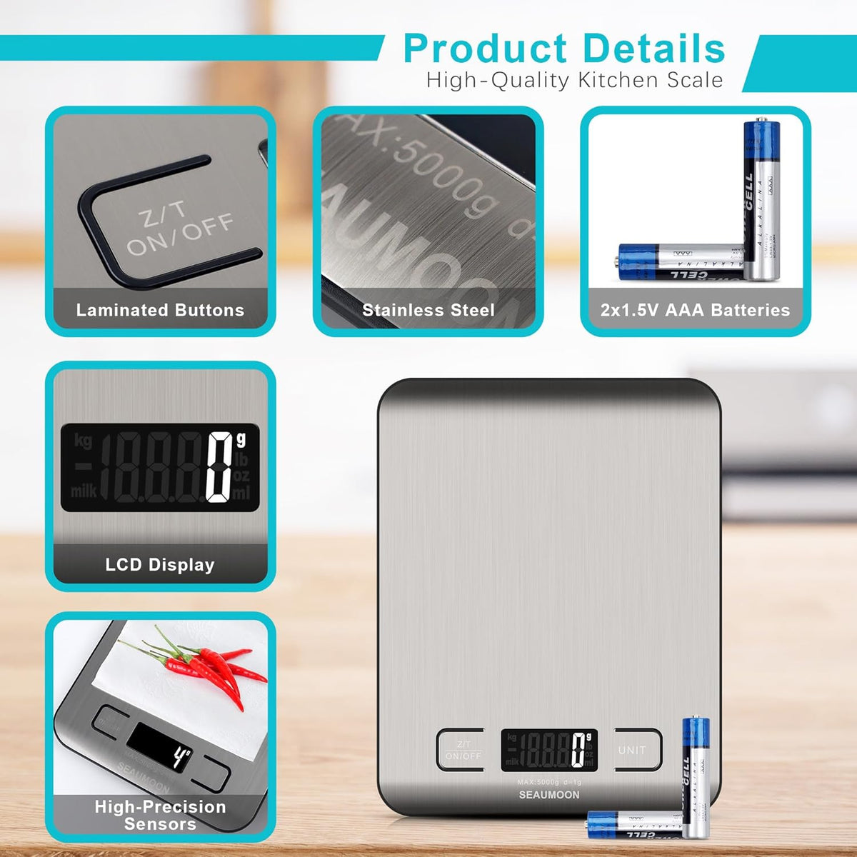 Food Scale Kitchen-Scale 11lb/5kg Food Scale for Kitchen Stainless Steel LCD Display Tare Function (g/oz/ml) for Meal Prep Coffee (Batteries Included)