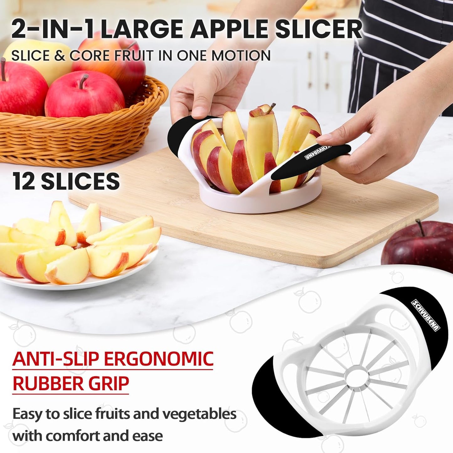 12-Blade Apple Slicer and Corer - 4.72 Inch Sharp Stainless Steel Apple Cutter - Professional Apple Divider Tool for Quick Slices - Easy to Use & Clean - Slice Fruits with Ease - Black