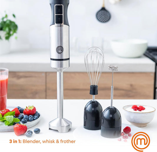 Immersion Blender Handheld with Electric Whisk & Milk Frother Attachments, Hand Held Stainless Steel Stick Emulsifier for Making Baby Food, Soup, Puree, Cake, Cappuccino, Latte etc, 400W