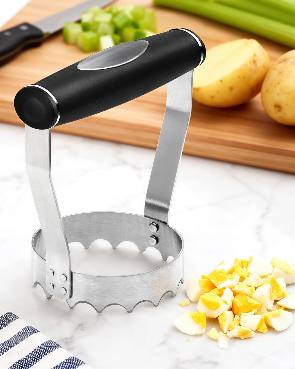 Serrated Hand Chopper for Kitchen, Metal Food Chopper Manual Hand | 3 inch Stainless Steel, Ergonomic Grip Handle, Dishwasher Safe, Chop Nut/Collard/Tuna/Salad/Boiled Eggs/Ground Beef