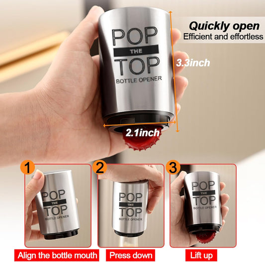 2PCS Beer Bottle Opener with Magnetic Cap, Automatic Stainless Steel One-Handed Bottle Cap Opener, Spring Loaded Push&Pop for Kitchen Home Bar Restaurant Household Utensils Destapador de Cerveza