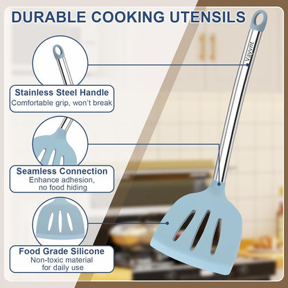 Silicone Kitchen Utensils Set, NonToxic, Plastic-Free, 8PCS, Blue