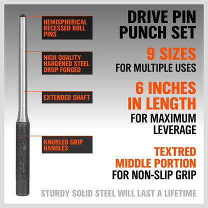 9 Pieces Roll Pin Punch Set, Removing Repair Tool with Holder for Automotive, Watch Repair, Jewelry and Craft