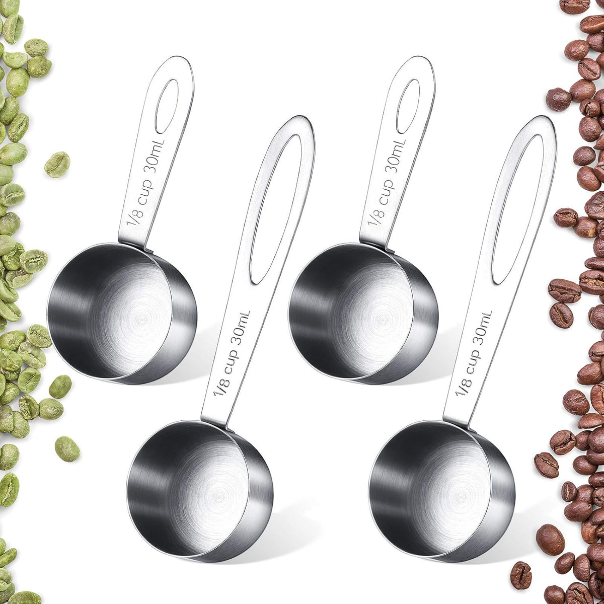 4 Pcs Coffee Scoop 2 Tablespoon Stainless Steel Coffee Measuring Scoops, Including 2 Short Handled 2 Long Handle for Tea, Sugar and Milk, 30 Ml,1/8 Cup
