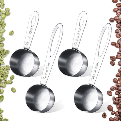 4 Pcs Coffee Scoop 2 Tablespoon Stainless Steel Coffee Measuring Scoops, Including 2 Short Handled 2 Long Handle for Tea, Sugar and Milk, 30 Ml,1/8 Cup