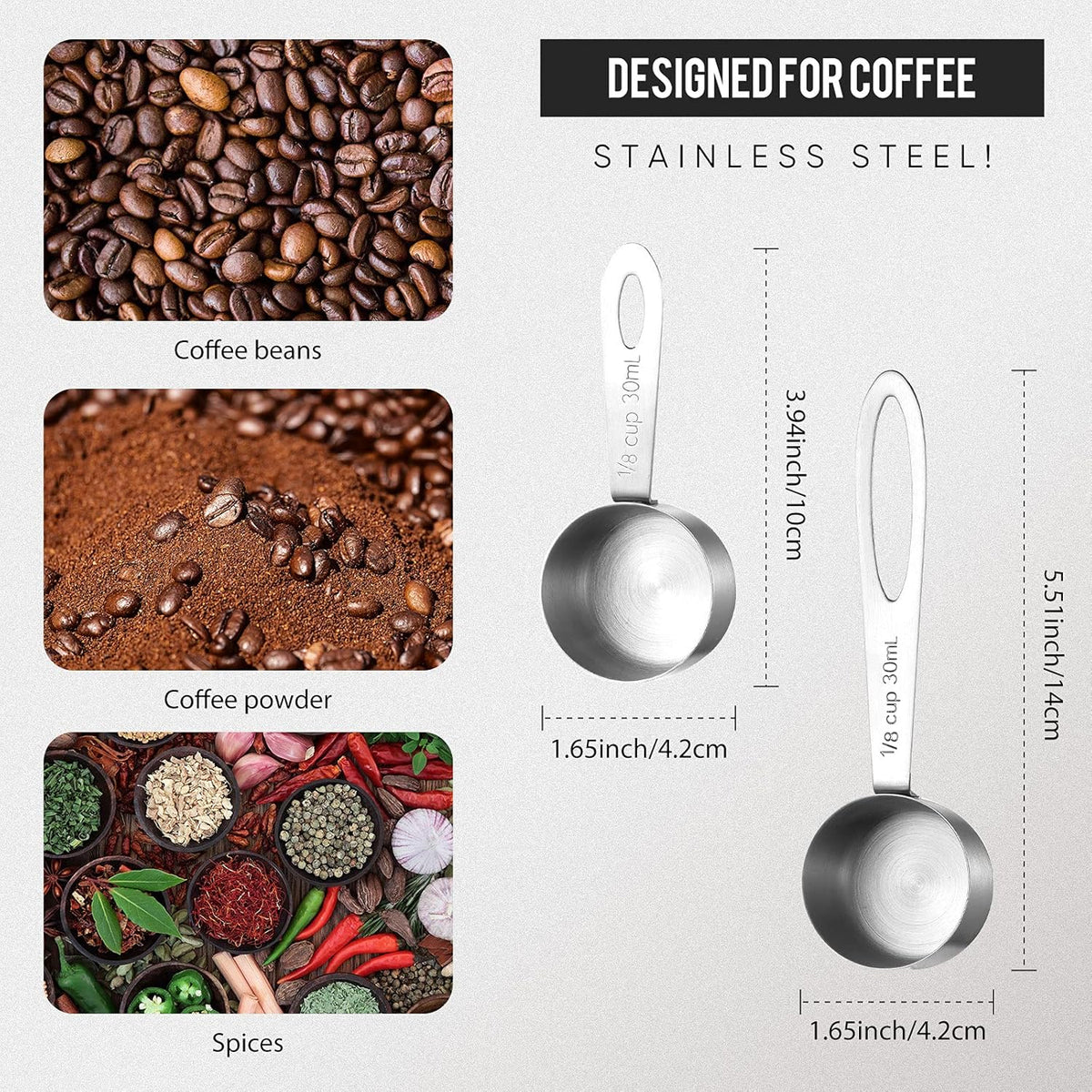 4 Pcs Coffee Scoop 2 Tablespoon Stainless Steel Coffee Measuring Scoops, Including 2 Short Handled 2 Long Handle for Tea, Sugar and Milk, 30 Ml,1/8 Cup