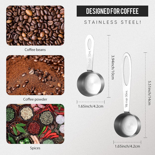 4 Pcs Coffee Scoop 2 Tablespoon Stainless Steel Coffee Measuring Scoops, Including 2 Short Handled 2 Long Handle for Tea, Sugar and Milk, 30 Ml,1/8 Cup