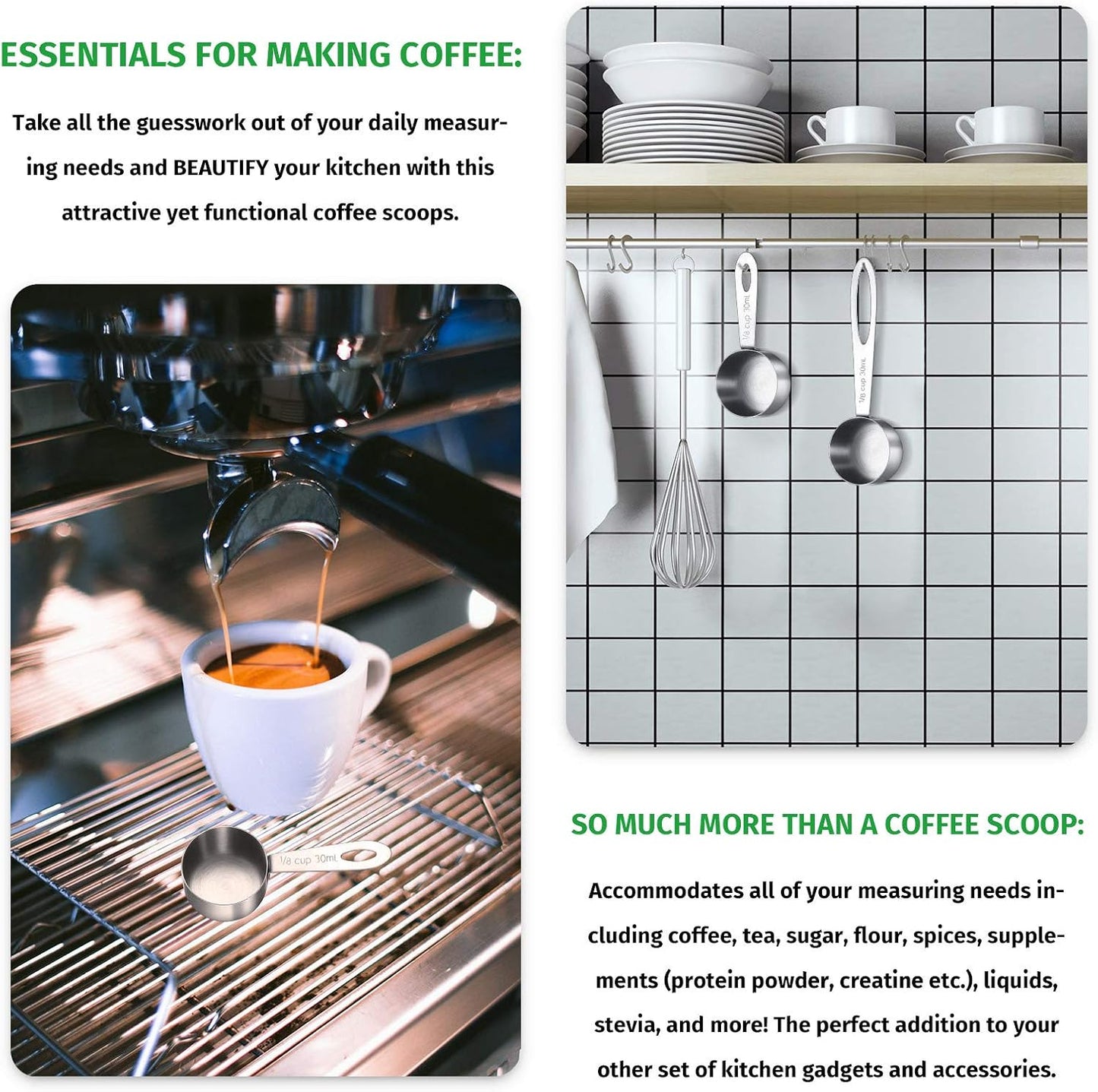4 Pcs Coffee Scoop 2 Tablespoon Stainless Steel Coffee Measuring Scoops, Including 2 Short Handled 2 Long Handle for Tea, Sugar and Milk, 30 Ml,1/8 Cup