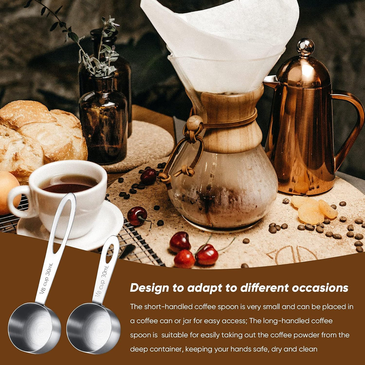4 Pcs Coffee Scoop 2 Tablespoon Stainless Steel Coffee Measuring Scoops, Including 2 Short Handled 2 Long Handle for Tea, Sugar and Milk, 30 Ml,1/8 Cup