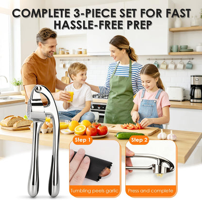 Kitchen Garlic Press Set, Rust Proof Garlic Mincer Tool with Silicone Garlic Peeler and Brush