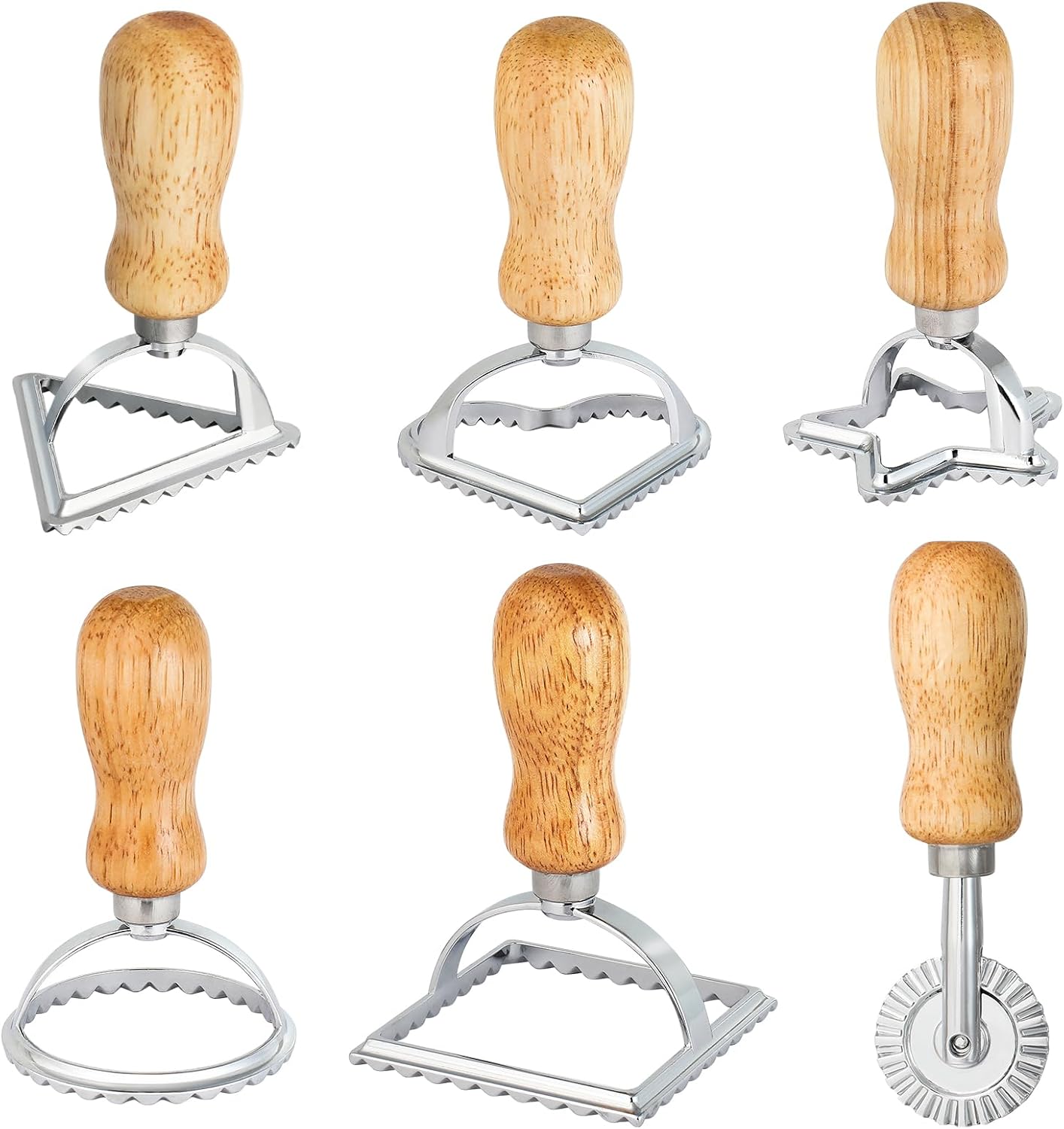 6PCS Ravioli Stamp Maker Cutter,Roller Wheel Included,Pasta Maker Mold with Wooden Handle and Fluted Edge,5 Different Shape Cutters,for Ravioli,Pasta,Dumplings Lasagna,Pierogi