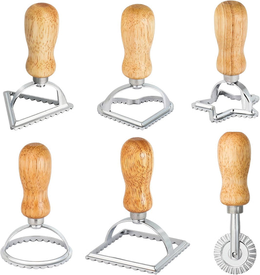 6PCS Ravioli Stamp Maker Cutter,Roller Wheel Included,Pasta Maker Mold with Wooden Handle and Fluted Edge,5 Different Shape Cutters,for Ravioli,Pasta,Dumplings Lasagna,Pierogi