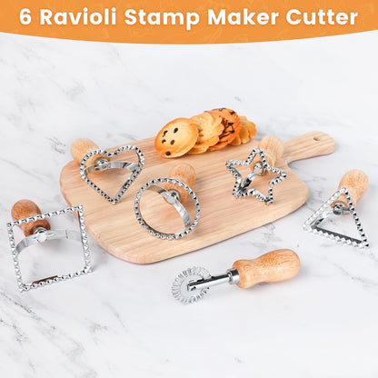 6PCS Ravioli Stamp Maker Cutter,Roller Wheel Included,Pasta Maker Mold with Wooden Handle and Fluted Edge,5 Different Shape Cutters,for Ravioli,Pasta,Dumplings Lasagna,Pierogi