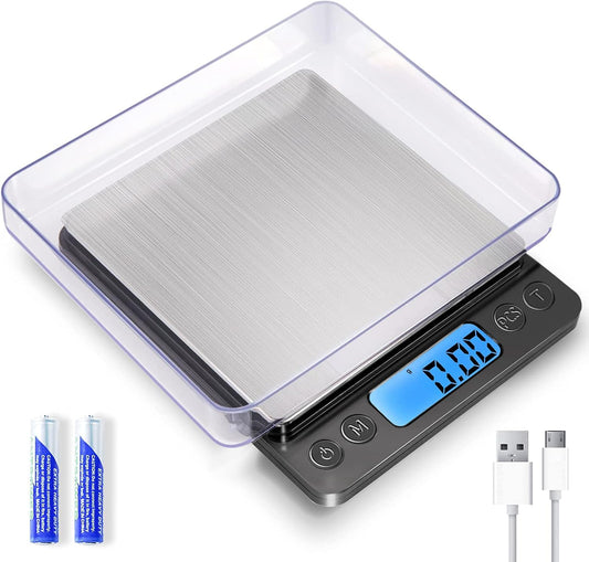 Small Digital Gram Scale 1000g by 0.01g, High Accuracy Scale for Food Ounces and Grams, Upgrade USB Charging Kitchen Scale Digital Weight for Cooking, Baking, with Tare Function, 9 Units, 2 Tray