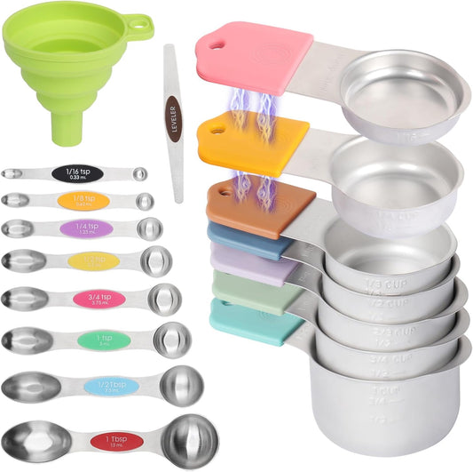 Magnetic Measuring Cups and Spoons Set, 17 Pcs Stainless Steel Measuring Cups and Spoons set for Measure Dry Liquid Ingredients with 7 Measuring Cup 8 Metal Spoon 1 Leveler 1 Funnel Colored