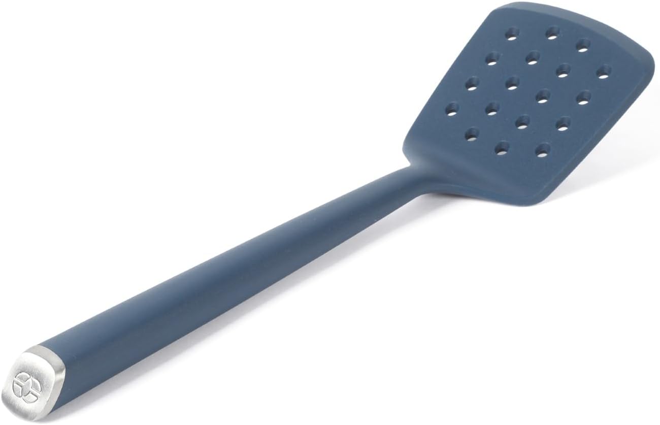 Edge Silicone Slotted Turner, Flexible Silicone Slotted Spatula with Reinforced Core, Heat-Resistant Nonstick-Safe Turner for Draining, Navy