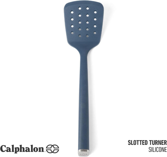 Edge Silicone Slotted Turner, Flexible Silicone Slotted Spatula with Reinforced Core, Heat-Resistant Nonstick-Safe Turner for Draining, Navy