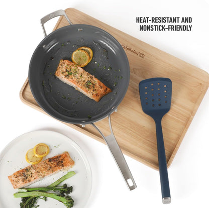 Edge Silicone Slotted Turner, Flexible Silicone Slotted Spatula with Reinforced Core, Heat-Resistant Nonstick-Safe Turner for Draining, Navy
