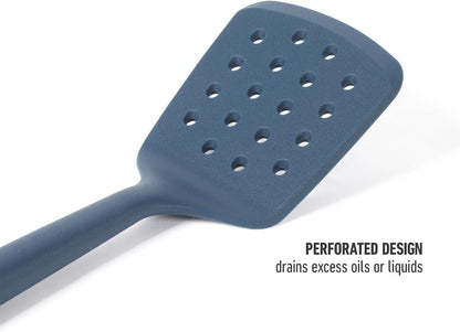 Edge Silicone Slotted Turner, Flexible Silicone Slotted Spatula with Reinforced Core, Heat-Resistant Nonstick-Safe Turner for Draining, Navy